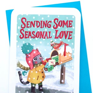 Enviando um pouco de amor sazonal - Cartão de Natal fofo Gato Cartão engraçado de Natal Cartões de felicitações Cartão de inverno fofo Amante de gatos Cartão de Natal Hanukkah