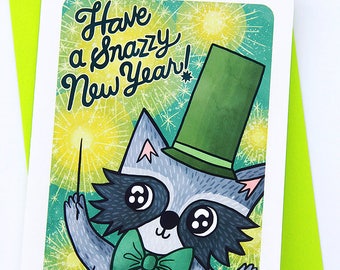 Snazzy New Year Raccoon - happy new year card Raccoon Holiday Card Boyfriend Season's Greetings holiday greeting cards Cute New Year Card