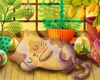 Cat Nap Art Print – Sleeping Cat, Greenhouse Illustration