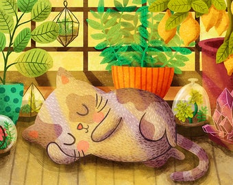 Cat Nap - Cute Cat Print Cat Lady Art Cat Art Print Cat Illustration Greenhouse Cat Art Sleeping cat print Cat lover gift Kid wall art