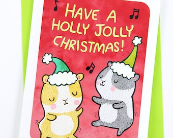 Holly Jolly Christmas Card - Cute Christmas Card, Guinea Pig Christmas Card, Holiday Card, Funny Christmas Card Season's Greetings Xmas Card