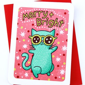 Chat joyeux et lumineux - Jolie carte de Noël Carte de voeux drôle de chat Cartes de voeux de vacances de petit ami Carte d'hiver mignonne Carte de vacances pour amoureux des chats