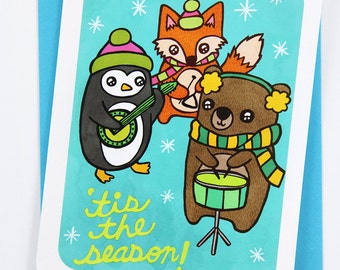 Tis the Season Animal Band Card- Christmas Notecard, Cute Christmas Card, Holiday Animal Card, Christmas Greetings, Illustrated Holiday Card