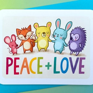 Carte Peace and Love - Jolie carte pour les fêtes Carte de Noël animaux de la forêt Carte de voeux d'amour et de paix pour tous Des cadeaux pour tout le monde
