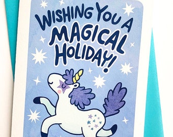 Wishing You a Magical Holiday, Unicorn Holiday Card Christmas Unicorn Christmas Card illustrated holiday card Cute Christmas card Unicorn