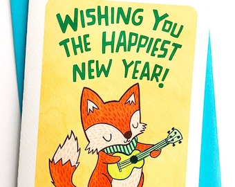 Wishing You a Happy New Year Fox Card – Holiday Greetings Notecard
