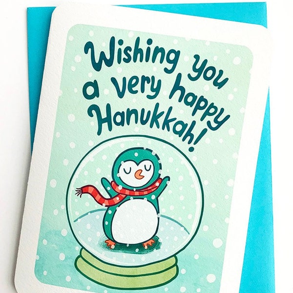 Wishing You a Very Happy Hanukkah - Penguin Hanukkah card Snow globe Chanukah card cute Hanukkah card Penguin Holiday card gift for her