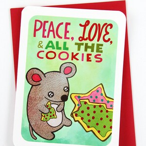 Tarjeta de ratón Peace Love and all the Cookies: tarjeta navideña divertida, tarjeta navideña linda, tarjeta de saludos festivos, tarjeta de ratón con saludos de temporada