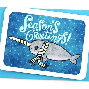 Season's Greetings Narwhal Card Holiday Card, Christmas Notecard, Christmas Card, Narwhal Holiday card, illustrated holiday Cute Christmas image 1