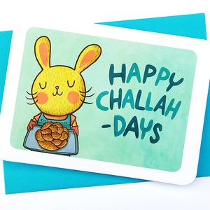 Happy Challah Days Bunny - Carte de voeux de Noël Challah Carte de lapin de Hanoukka Jeux de mots Carte de voeux de saison Carte de Hanoucca drôle Cadeaux pour elle