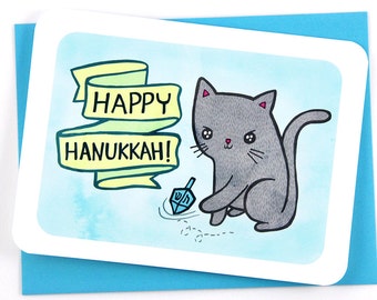 Happy Hanukkah Cat Dreidel Card- Holiday Notecard, Cute Hanukkah Card, Dreidel Notecard, Funny Hanukkah Card, Cat Lover, Gifts under 10