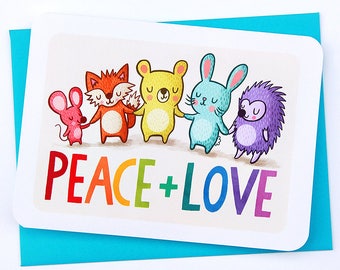 Peace and Love Card - Cute Holiday Card Woodland Animals Christmas Card Season's Greetings Love and Peace card for all Gifts for Everyone