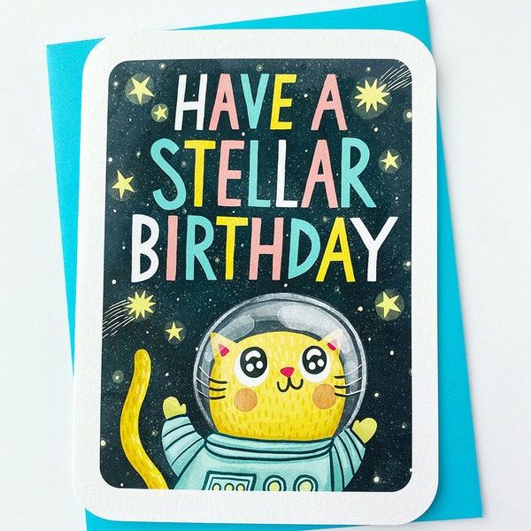 Have a Stellar Birthday Outer Space Cat - funny cat birthday card Outer Space birthday card cat lover card space cat astronaut birthday card