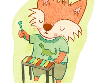 Fox with a Xylophone - Orange Fox Nursery Art, Fox Illustration, Fox Wall Art, Fox Nursery Decor, Nursery Art Illustration Print