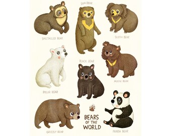 Bears of the World - Bear Illustration Art Print Animal Illustration Gender Neutral Baby Nursery Animal Bear Nursery Art Wall Decor