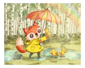 Rain Friends - Fox Illustration Art Print Woodland Illustration Gender Neutral Baby Nursery Animal Fox Nursery Art Wall Decor Rainbow Art