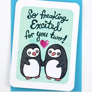 Excited for you Two Penguins Wedding Engagement Card Gender Neutral image 1