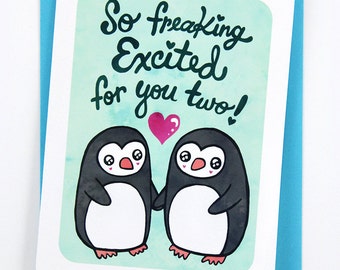 Emocionado por ustedes, dos pingüinos - Tarjeta de compromiso de boda - Género neutro