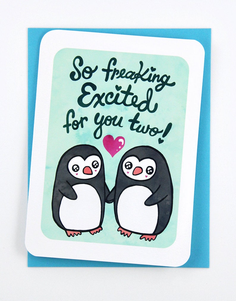 Excited for you Two Penguins Wedding Engagement Card Gender Neutral image 1