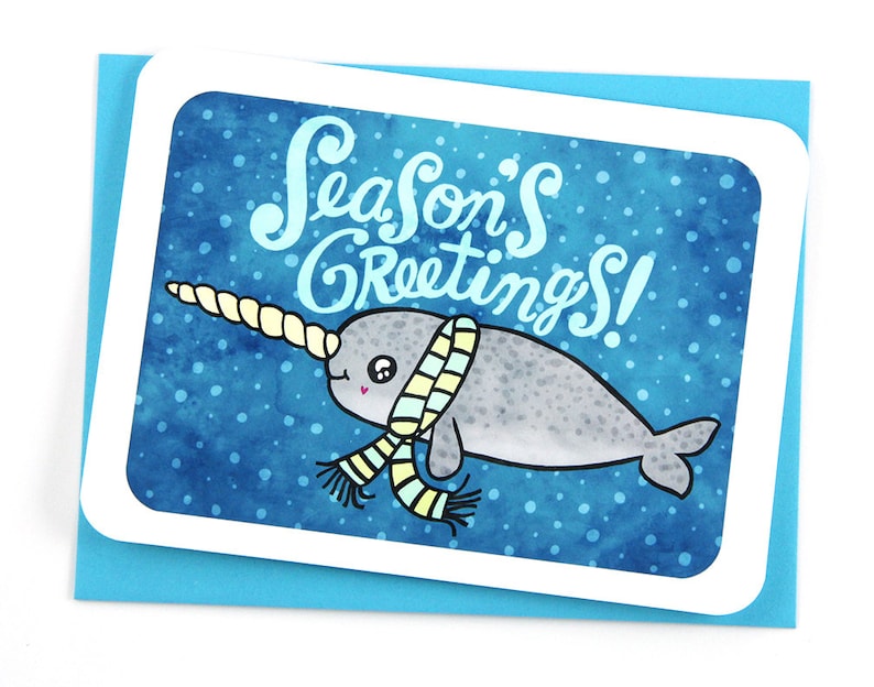 Season's Greetings Narwhal Card Holiday Card, Christmas Notecard, Christmas Card, Narwhal Holiday card, illustrated holiday Cute Christmas image 1