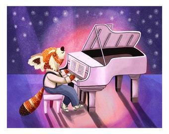 Red Panda Piano Recital - Cute Red Panda Print Grand Piano Stage Cute Animals Kids Room Art Red Panda Illustration Piano Concert Spotlight