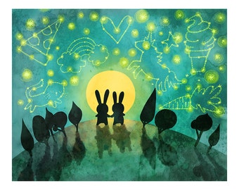 Bunny Constellation Art Print: Nursery Star-Gazing Bunnies