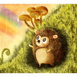 May include: A cartoon hedgehog with brown fur and big eyes stands in a green forest with a rainbow in the background.  The hedgehog is smiling and has its arms outstretched.  There are several yellow mushrooms in the background.