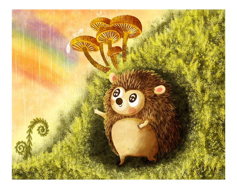 May include: A cartoon hedgehog with brown fur and big eyes stands in a green forest with a rainbow in the background.  The hedgehog is smiling and has its arms outstretched.  There are several yellow mushrooms in the background.