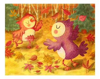 Owl Autumn Dance Print - Woodland Nursery Art