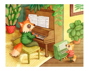 Piano Duo - Cute Fox Print Woodland Nursery Art for Kids room Nursery prints Fox Art Print Cute Animal Print Musical Band Piano Print