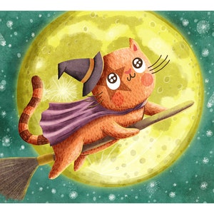 Cat Witch Art Print: Halloween Illustration for Cat Lovers