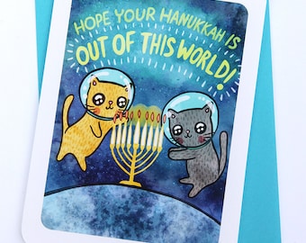 Hanukkah Card Space Cats - Holiday Notecard, Menorah Card, Cat Hanukkah Card, Season's Greetings Card Funny Hanukkah Card, Gifts for Her Him