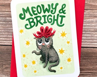 Meowy and Bright - Funny Christmas Card, Cute Holiday Card, Christmas Notecard, Punny Card Illustrated Holiday Card Cat Lover Puns Sweet