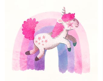 Happy Unicorn - unicorn nursery art unicorn rainbow illustration magical unicorn wall art unicorn nursery decor magical rainbow unicorn