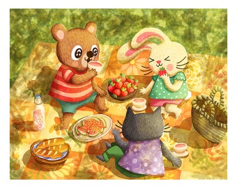 Summer Animal Picnic - Cute Animal Picnic Print Bear Cat Bunny Blanket Cute Animals Kids Room Art Animal Illustration Sunshine Picnic