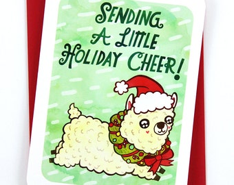 Sending a Little Holiday Cheer Alpaca Card- Funny Christmas Card Cute Christmas Card Friend Holiday Greeting cards Season's greetings Alpaca