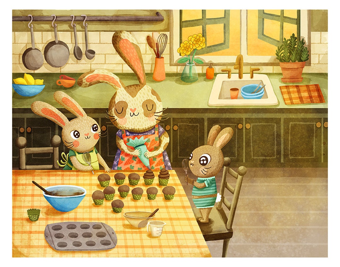 Baking Bunnies Art Print- Cute Bunny Print Kitchen Art for Kids Room ...