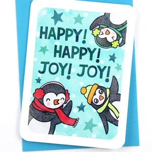 Feliz, feliz alegría, alegría, pingüinos: linda tarjeta navideña, divertida tarjeta navideña, tarjeta navideña con pingüinos, tarjeta navideña con pingüinos, tarjeta navideña ilustrada