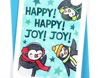 Happy Happy Joy Joy Penguins - Cute Christmas Card, Funny Christmas Card, Penguin Holiday card, Penguin Christmas card, Illustrated Holiday