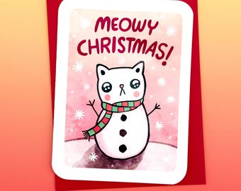 Meowy Christmas Cat Card: Funny Pun Holiday Greetings, Snowcat, Illustrated Cat-Lover Snowman