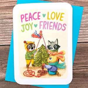 Paz, amor, alegría, amigos - Tarjeta del solsticio de invierno Linda tarjeta navideña Tarjeta navideña con animales del bosque Tarjeta navideña ilustrada Amigos del bosque
