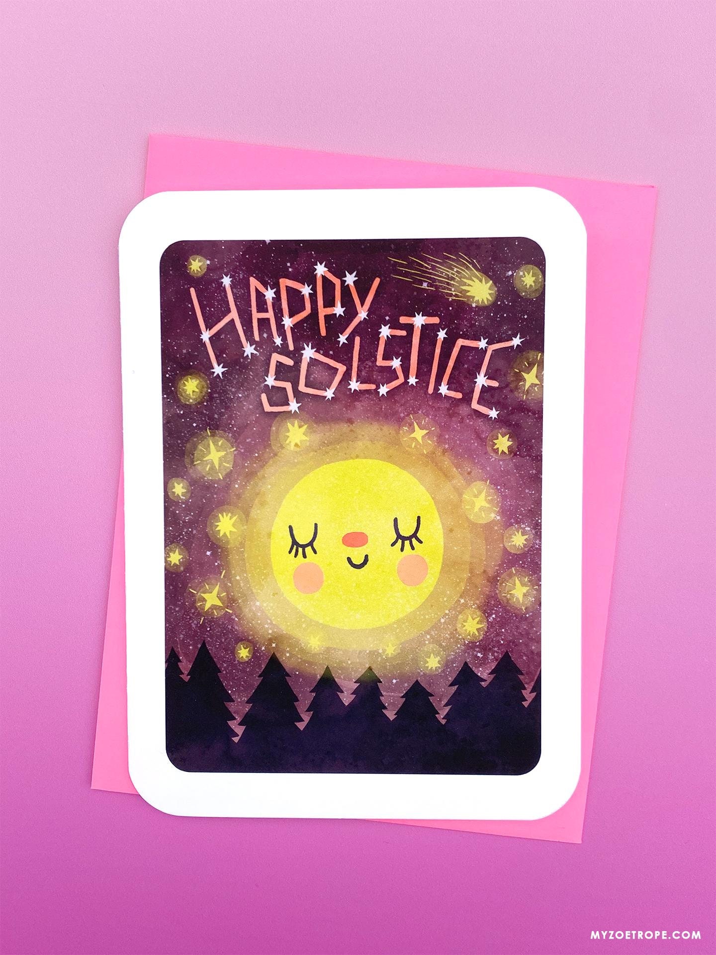 Happy Solstice Card- Cute Holiday Card Moon Seasons Greetings Cute
