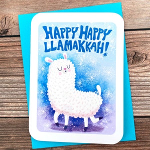 Happy Llamakkah - słodka kartka świąteczna, kartka Chanuka, lama, kartka Chanuka, kartka z życzeniami świątecznymi, zabawna kartka Chanuka, prezenty dla niej, kalambur Chanuka