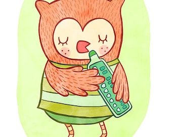 Owl with a Melodica - Orange Owl Nursery Art, Owl Illustration, Owl Wall Art, Owl Nursery Decor, Nursery Art Illustration Print