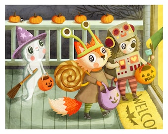 May include: Three children dressed in costumes for Halloween trick-or-treating. A ghost with a purple hat and a broom, a fox with a snail shell on its back, and a robot with a heart on its chest. They are standing on a porch with a welcome mat and pumpkins.
