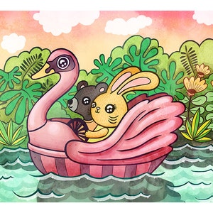 Swan Boat - Bear Print Nursery Art Bunny Art Woodland Animal Art Print Woodland Illustration Gender Neutral Baby Nursery Animal Art Print