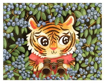 Blueberry Adventure Tiger Art Print-  CuteTiger Print Jungle Nursery Art for Kids room Tiger Nursery prints Cute Jungle Animal Print