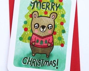Merry Christmas Bear Ugly Sweater Card - Christmas Card, Holiday card, Holiday Greetings, Season's Greetings, Funny Christmas Card, Notecard