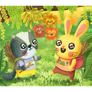 Amis butineurs - Art de la chambre d&#39;enfant blaireau, impression des bois pour chambre d&#39;enfants, impression d&#39;art lapin, impression d&#39;art animal mignon créature des bois
