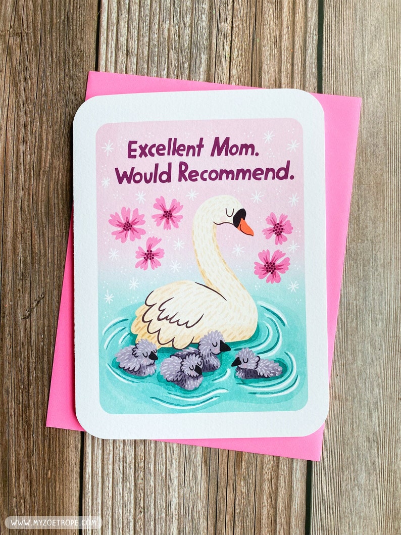 Excellent Mom Would Recommend Swans Cute Mothers day card for mom Funny mom greeting card Sweet birthday card for mom Cherry Blossom image 1